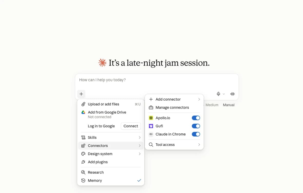 El menú de conectores de Claude, con Gufi activado